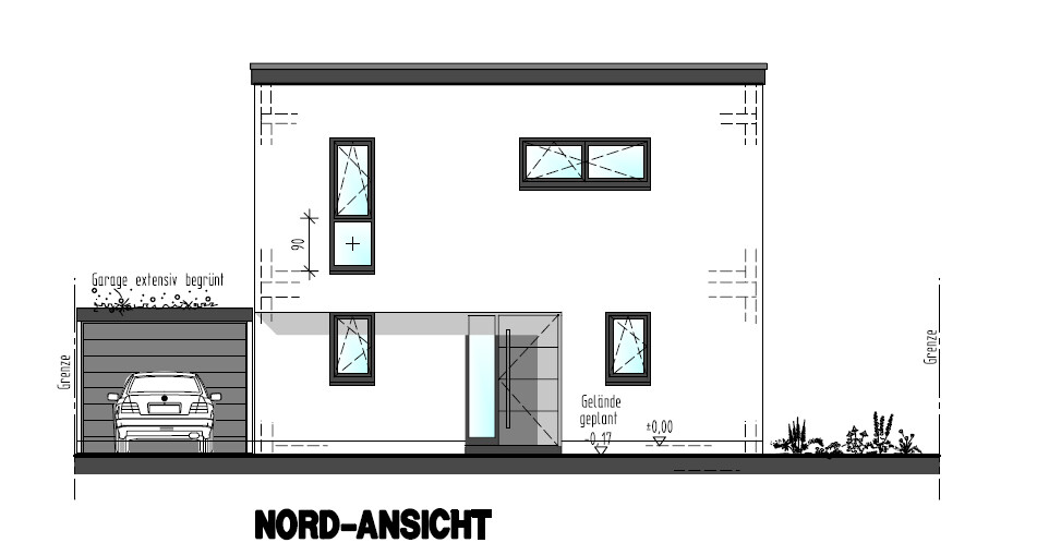Nordansicht eines modernen Hauses mit Garage, Auto, Fenster und Eingang.