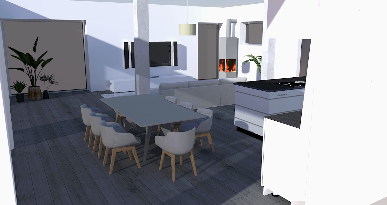 Offenes Wohnzimmer mit Esstisch, 8 Stühlen, Kücheninsel, Kamin, Sofa und TV.