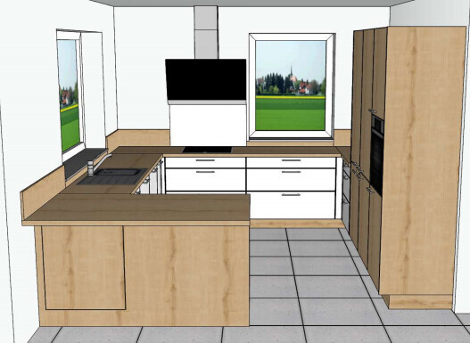 Küche mit Holzfronten, zentrale Insel, Spüle, Ofen, Dunstabzug, Fenster mit Grünblick.
