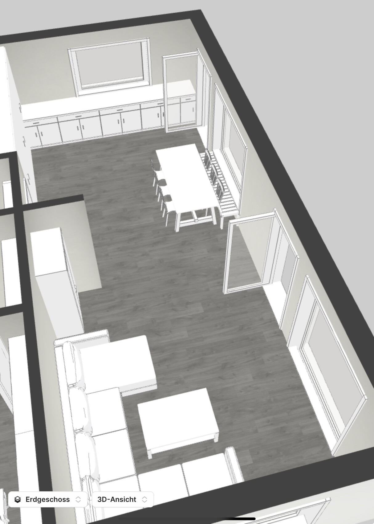 3D-Grundriss: Offene Küche mit Langschränken und Esstisch im Wohnbereich