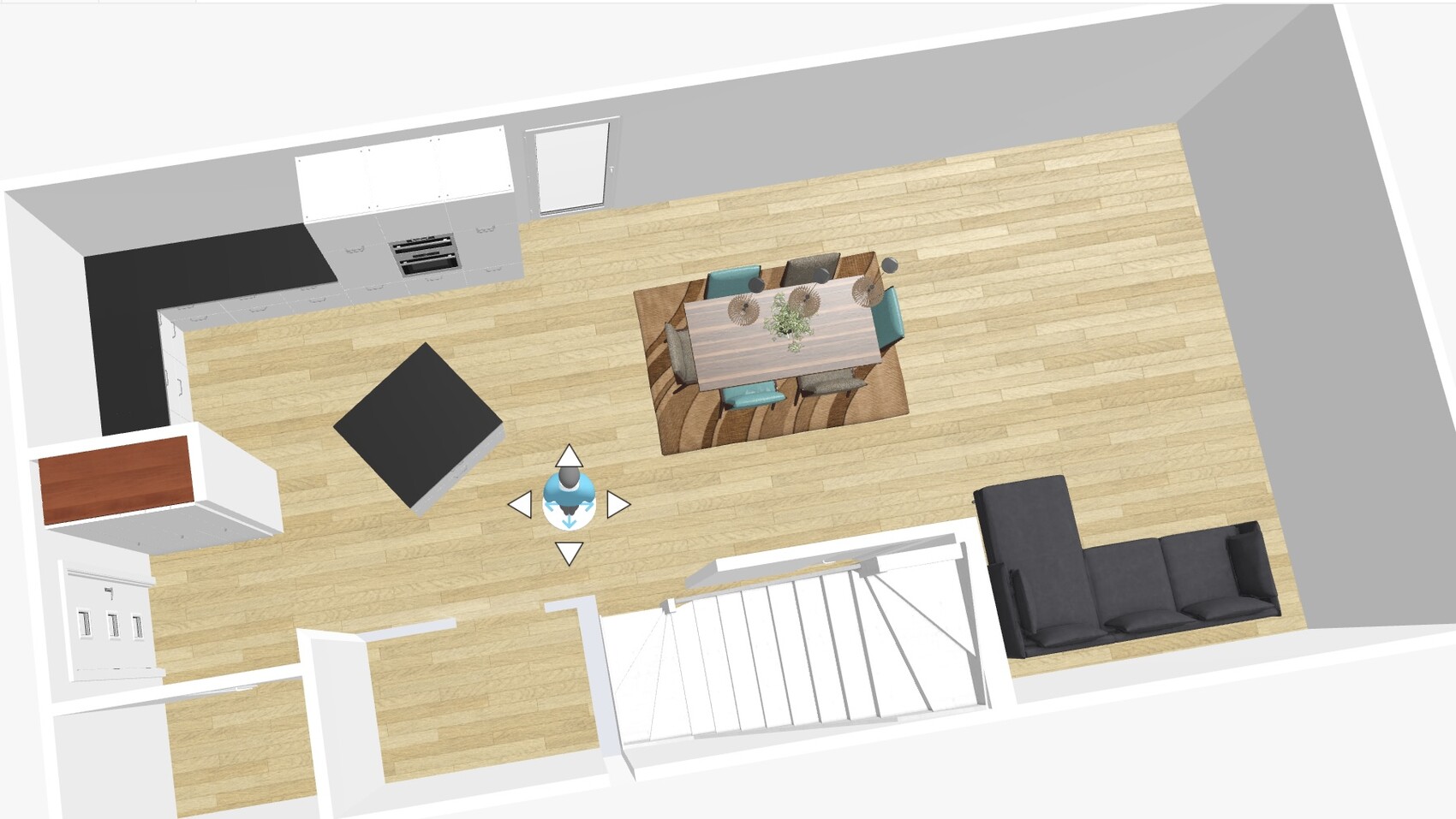 Top-down 3D-Layout eines offenen Wohn-, Ess- und Küchenbereichs mit Treppe, Esstisch und Sofa.