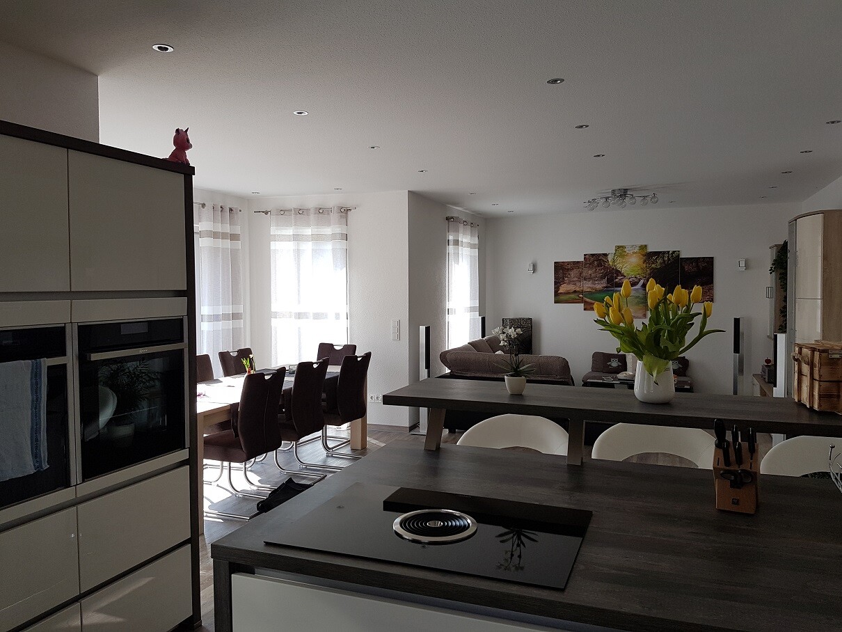 Offener Küchen- und Wohnbereich mit Kochinsel, Tulpenvase, Esstisch, Sofa und Fensterfront.
