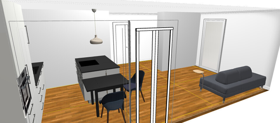 Offene Küche mit Theke und Stühlen, graue Couch im Wohnzimmer, Holzboden.