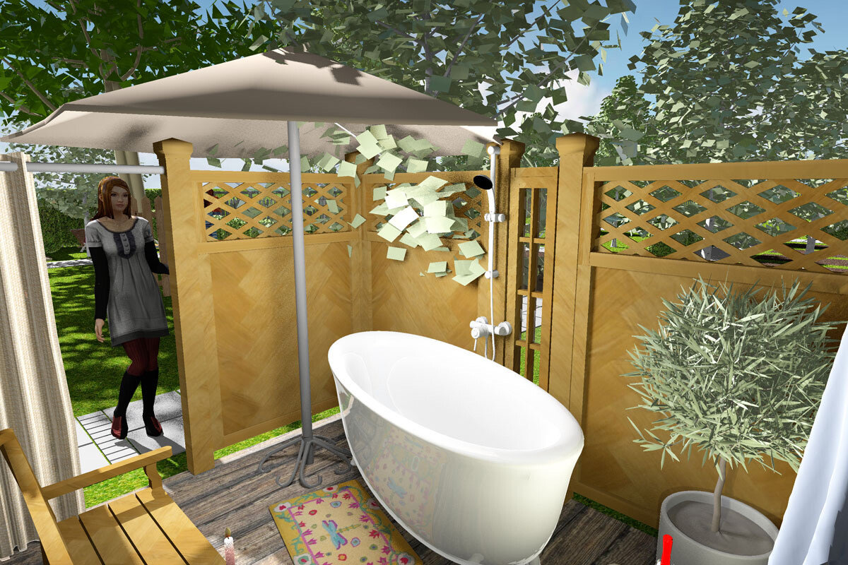 Außenbadewanne auf Holzterrasse, Sonnenschirm, Notizzettel am Zaun, Frau im Hintergrund.