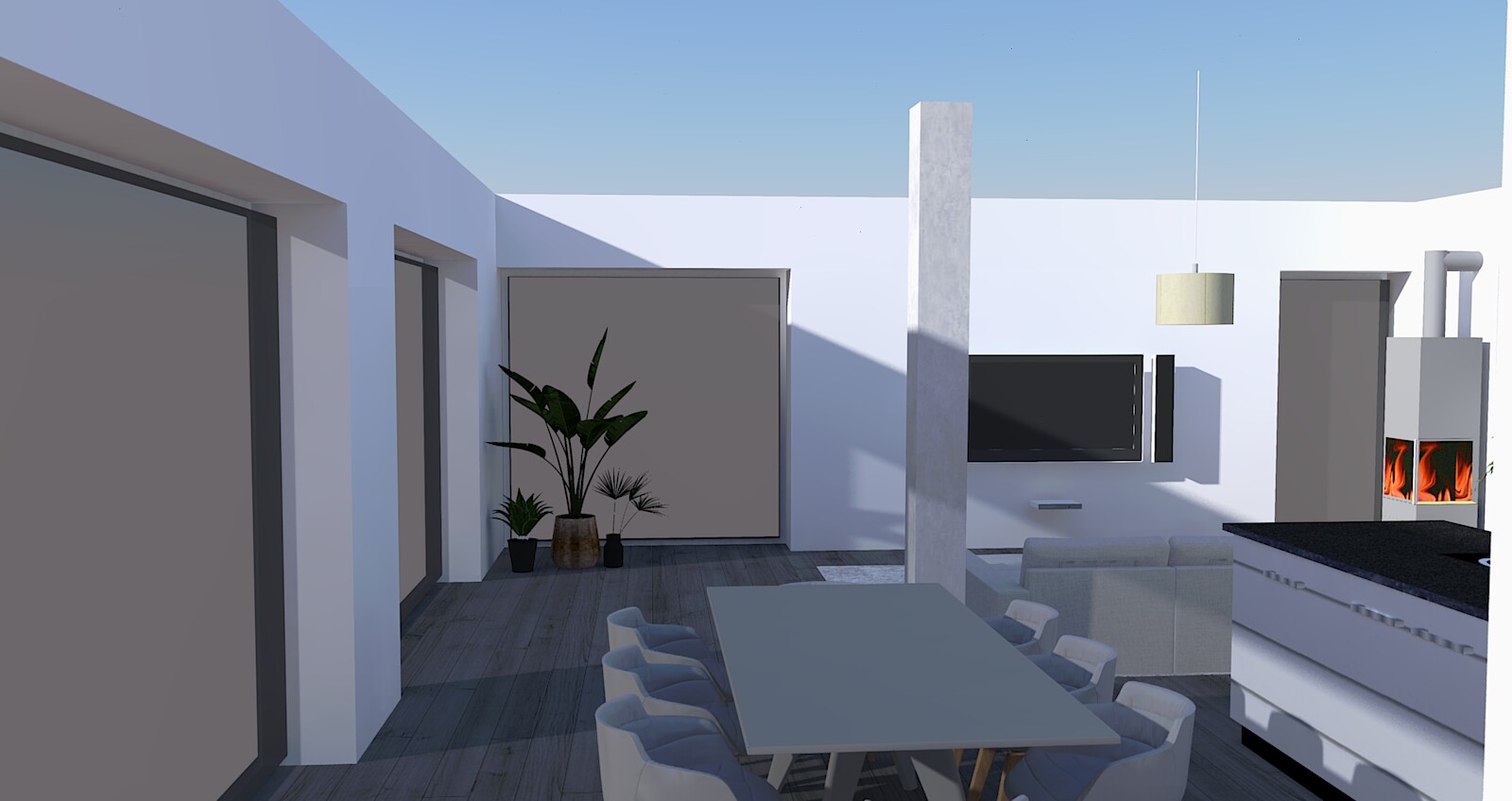 Moderne Dachterrasse mit Esstisch, Stühlen, Wohnzimmerbereich, Kamin, TV, Pflanzen und Küchenblock.
