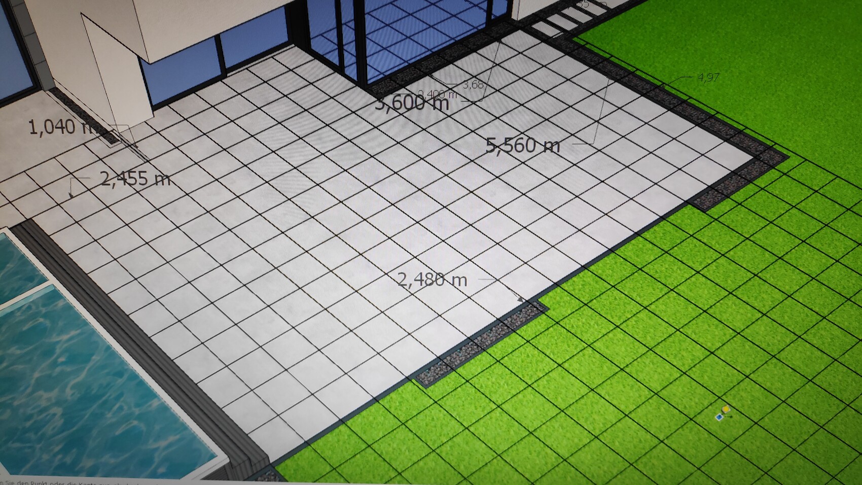 3D-Draufsicht: moderne Terrasse mit weißen Fliesen, Glasfenstern, Garten und Pool.