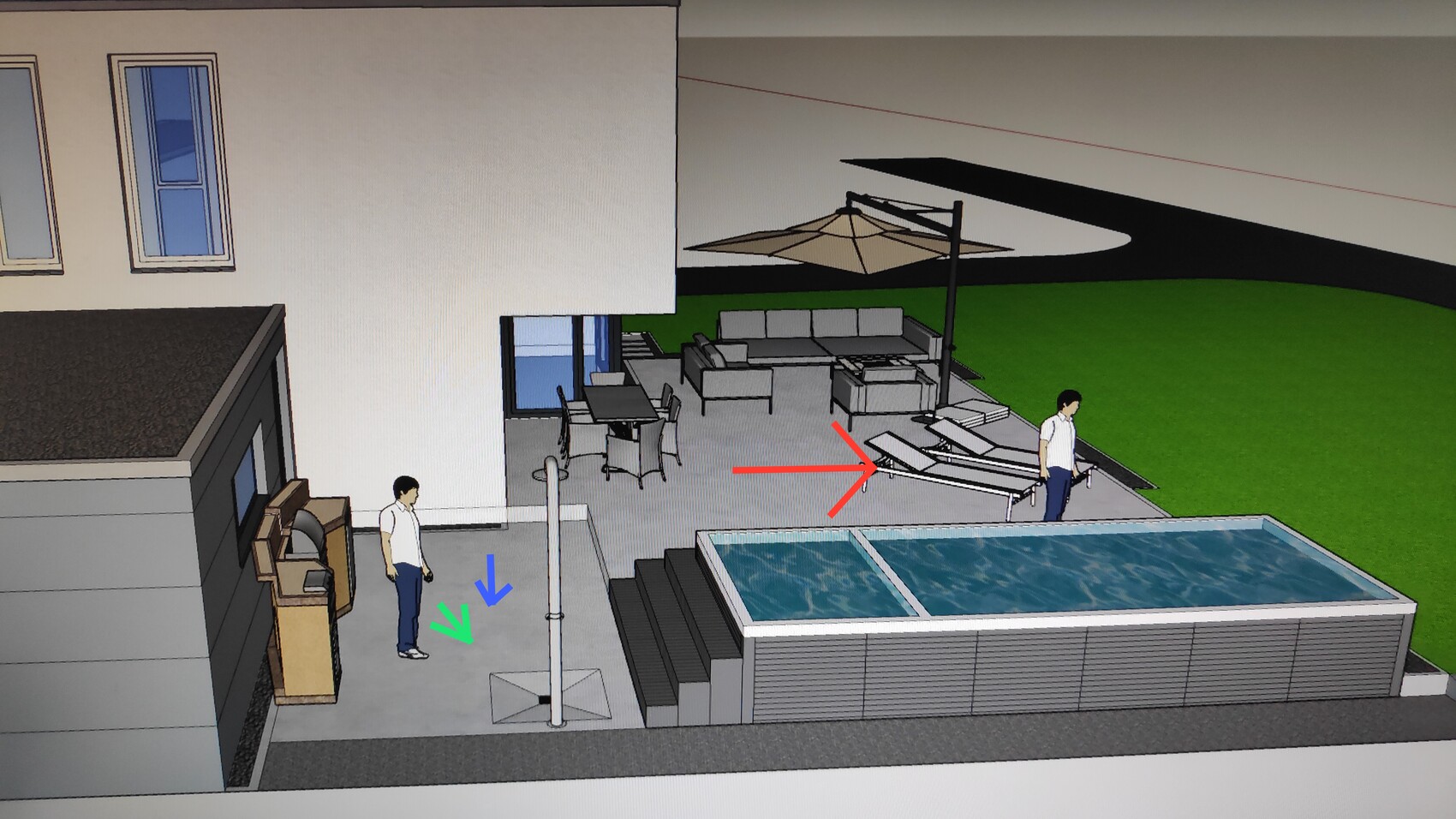 3D-Rendering einer modernen Terrasse mit Pool, Lounge-Möbeln und Gartenbereich