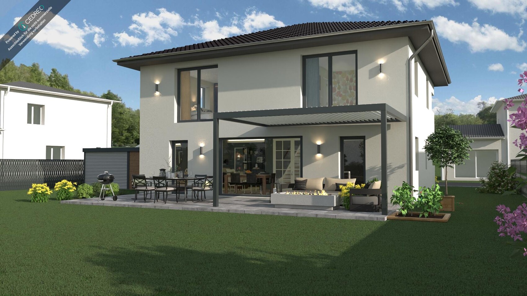 Modernes zweistöckiges Haus mit überdachter Terrasse, Gartenmöbel, Grill und Pflanzen.