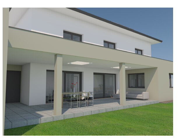 Moderne Haus-Aussenansicht mit terrasse und gruenem garten