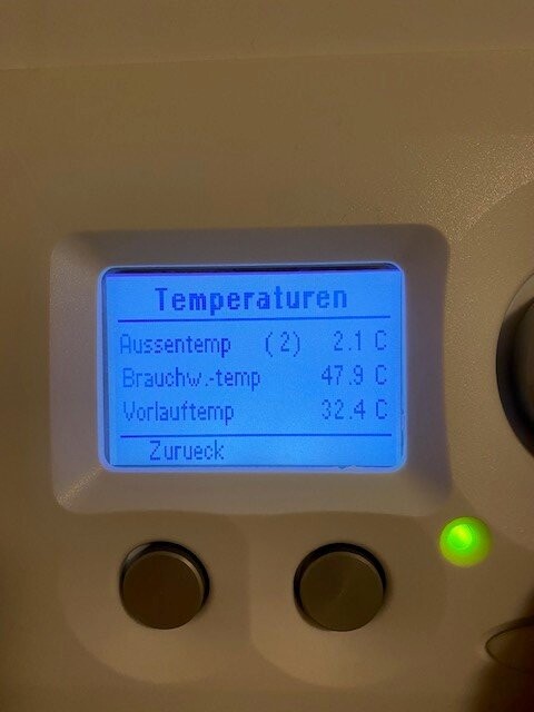 Digitale Temperaturanzeige mit Werten: Außen 2,1 °C, Brauchwasser 47,9 °C, Vorlauftemp 32,4 °C.