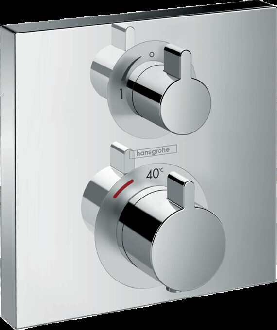 Thermostat-Duscharmatur mit zwei runden Knöpfen, 40°C Skala, glänzende Metalloberfläche