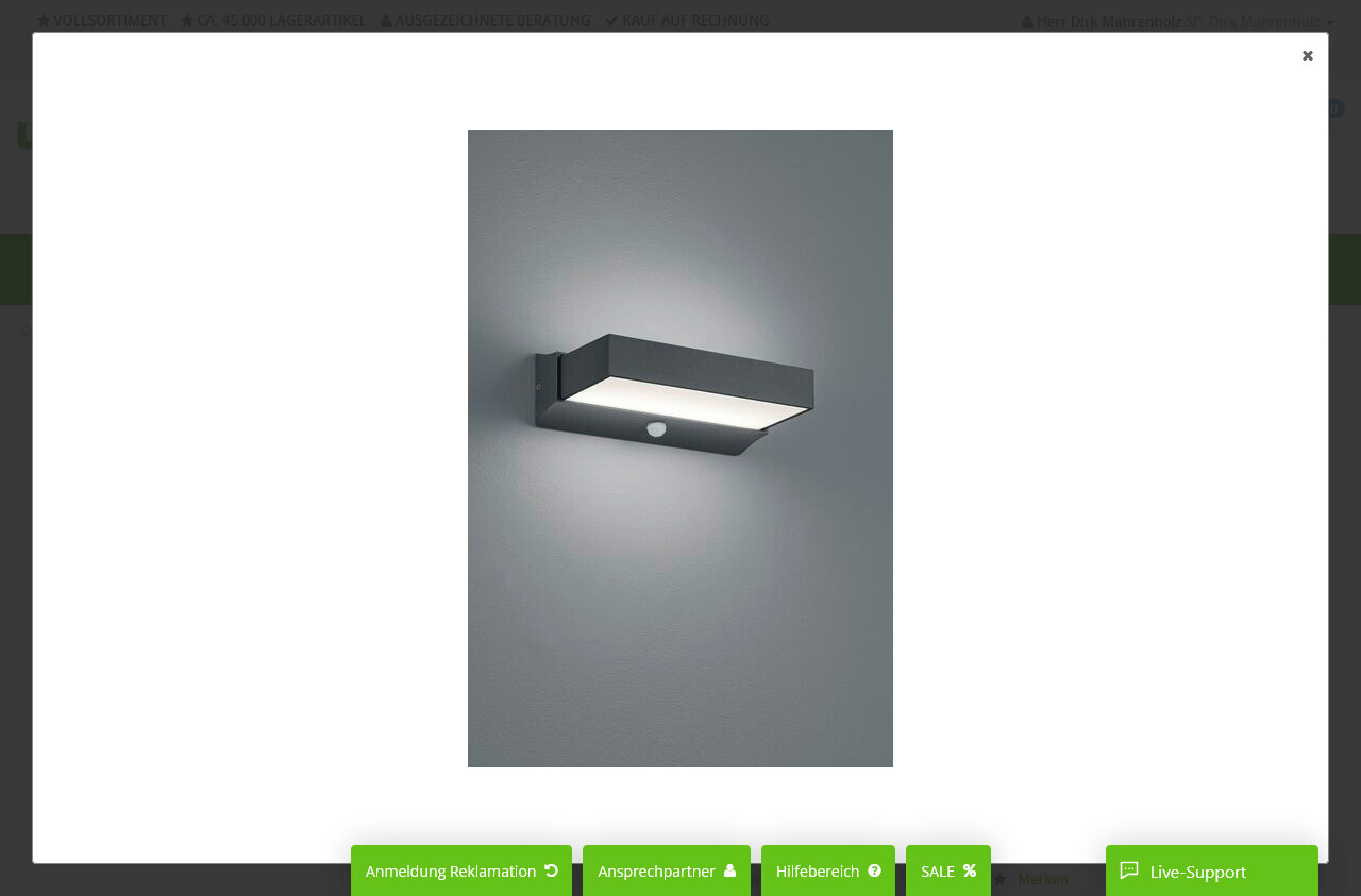 Moderne graue Wandlampe mit rechteckigem Gehäuse, leuchtet nach unten.