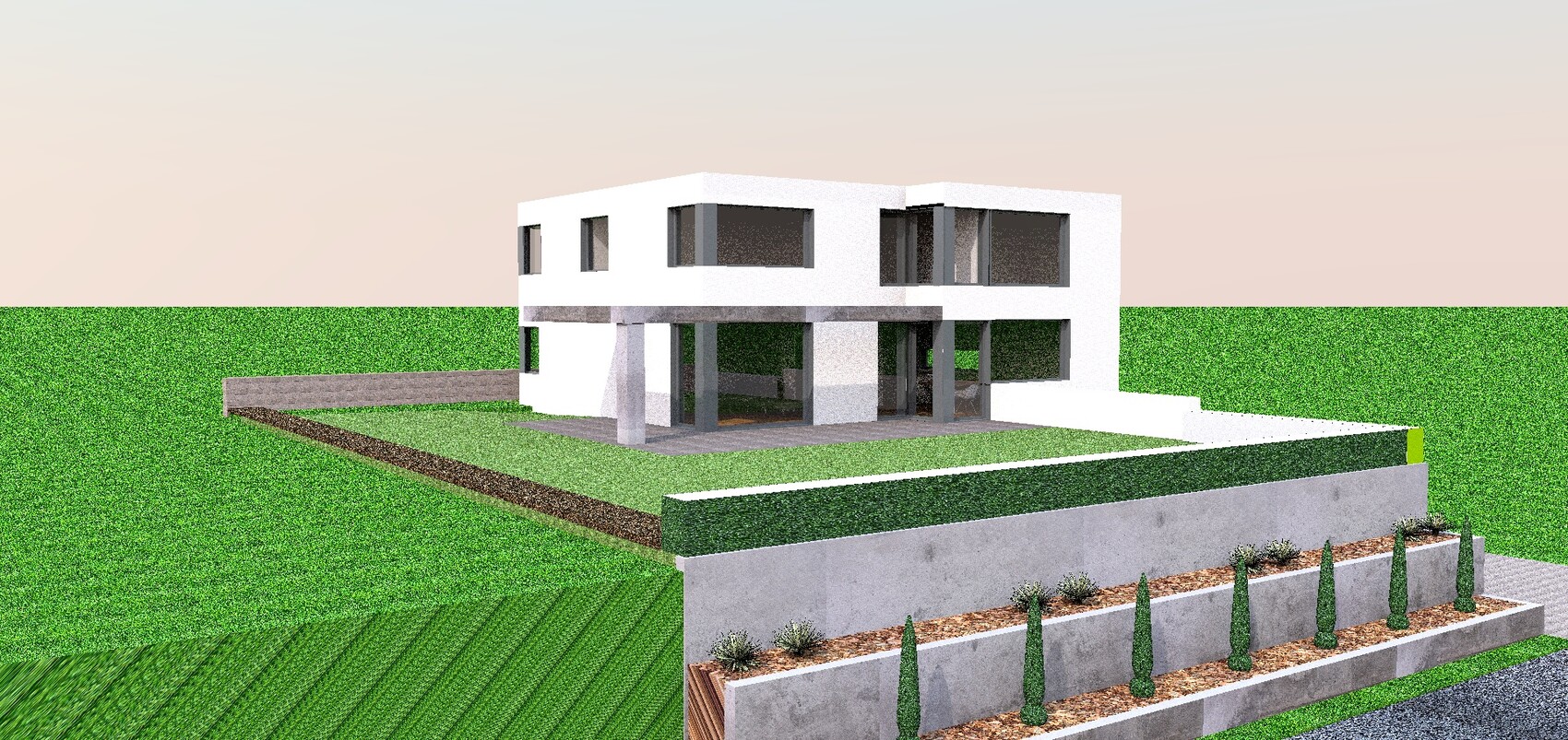 Moderne weiße Villa auf Hang, große Fensterfronten, Terrasse und terrassierte Gartenstufen.