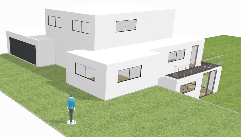 Moderne weiße Villa mit Terrasse, Glasbalkon, Garage links und einer Person auf dem Rasen