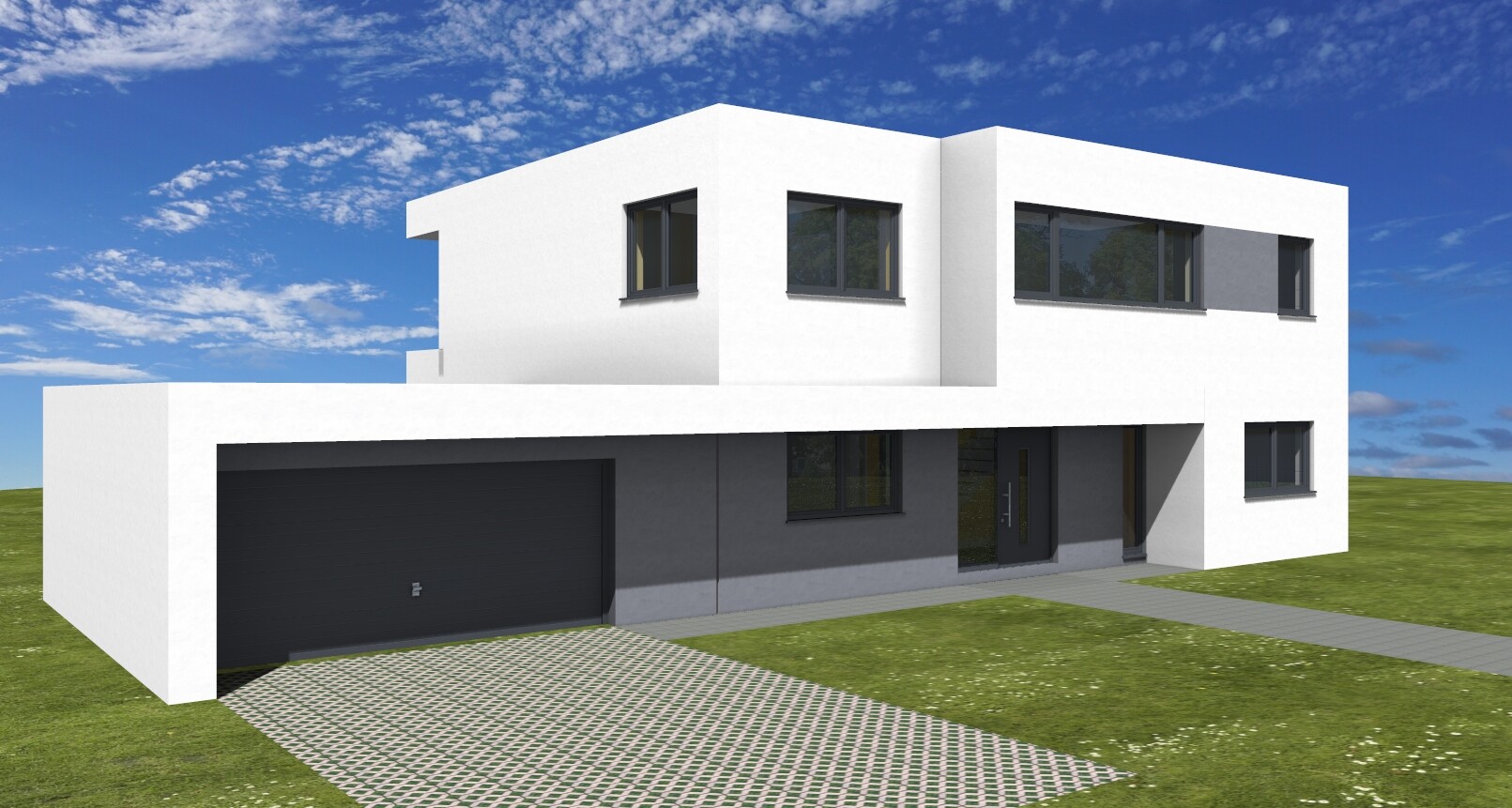 Moderne weiße Villa mit Flachdach, Garage, großen dunklen Fenstern und grünem Rasen.