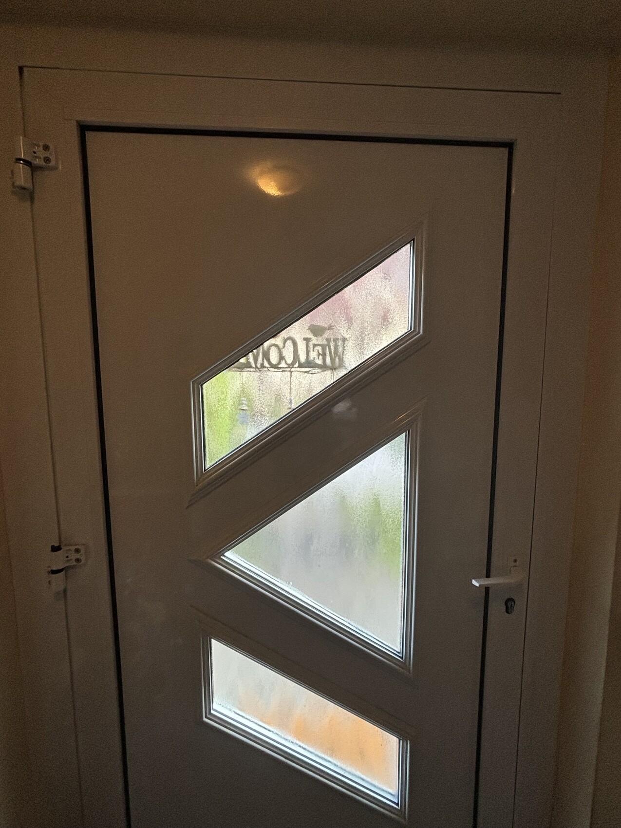 Weiße Tür mit diagonalen Glasfenstern in Z-Form; Blick nach draußen unscharf.