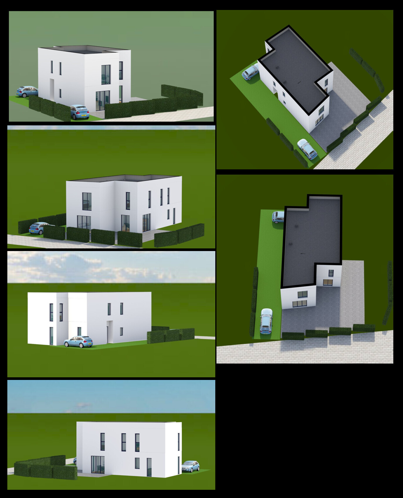 Collage aus mehreren Perspektiven einer modernen weißen Villa mit flachem Dach, Hecken und Autos.