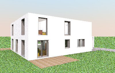 Moderne weisse zweigeschossige hausfront mit grossen fenstern, holzterrasse und gras.
