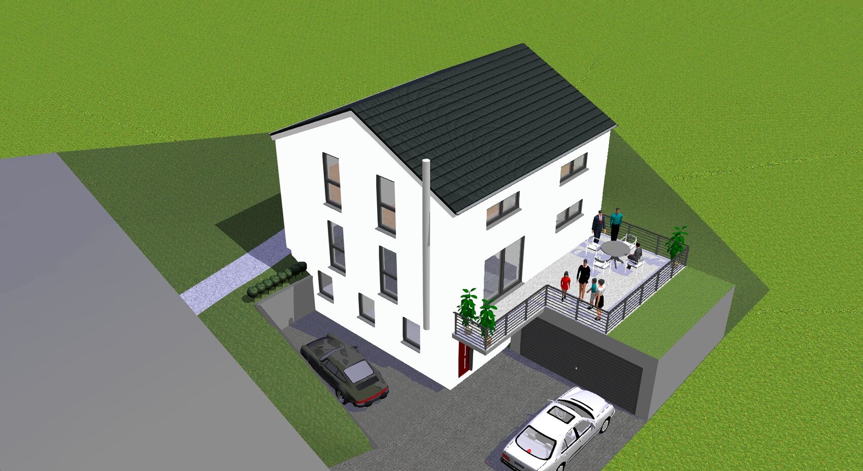 Isometrische 3D-Darstellung eines weißen Hauses mit dunklem Dach, Terrasse mit Menschen und Autos.