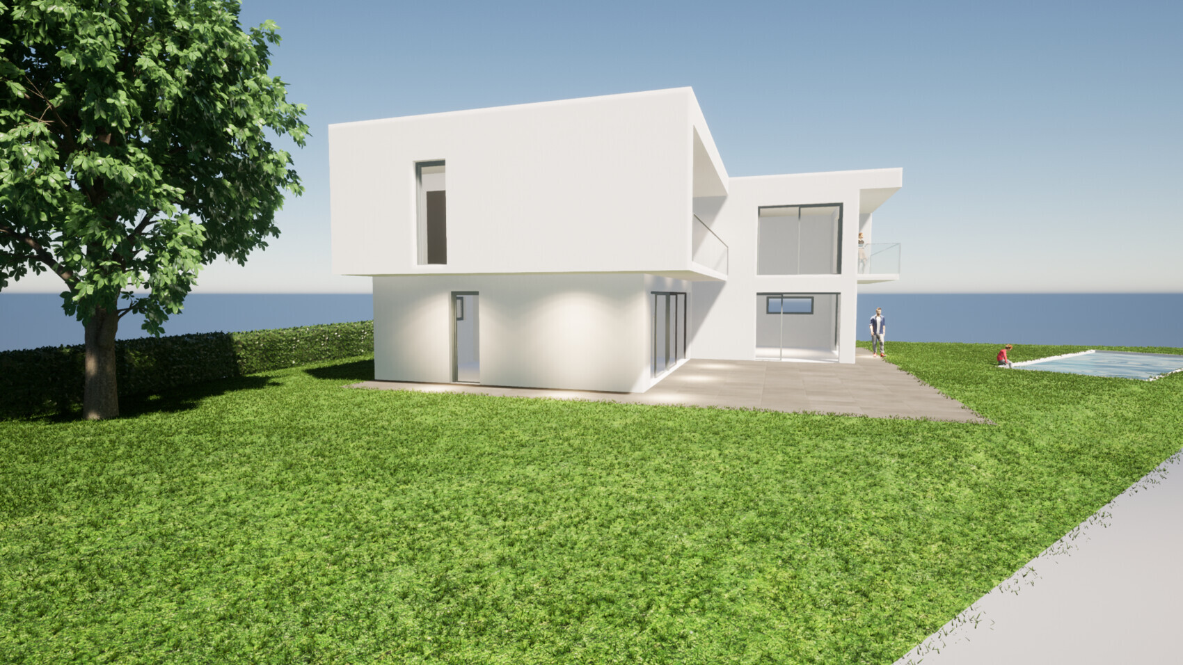 Moderne weiße Villa mit Terrasse, grünem Garten und Pool am Meer; mehrere Personen im Garten.