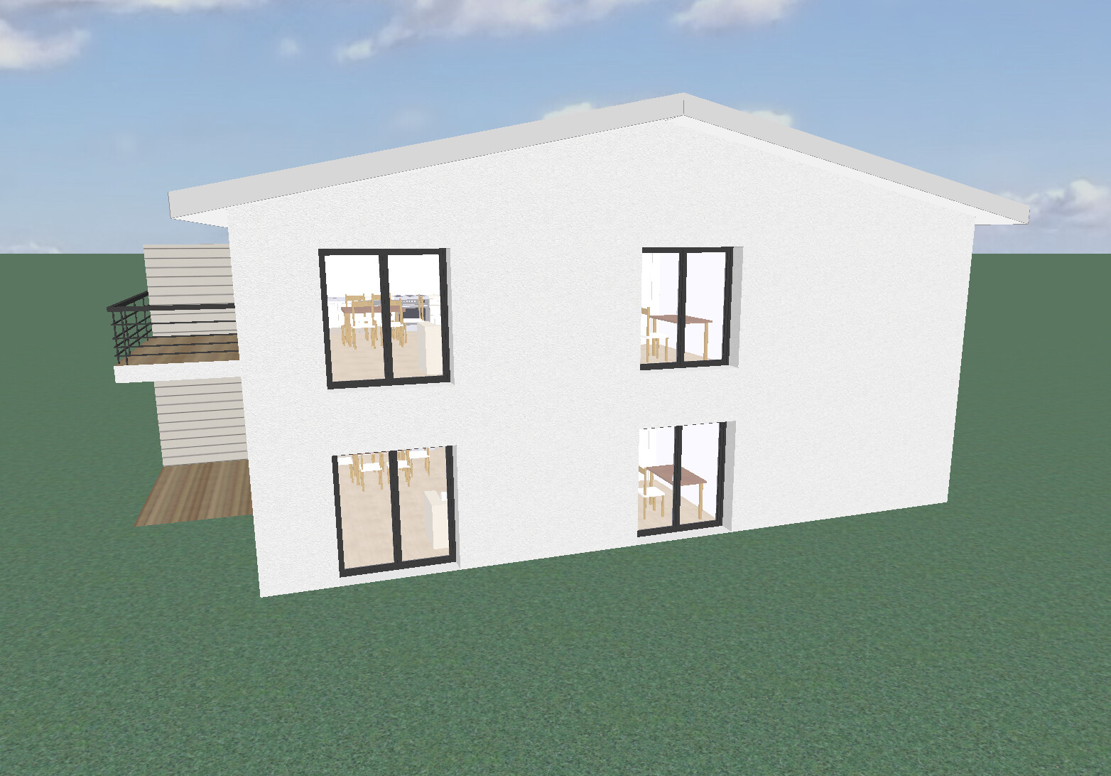 Modernes zweistöckiges, weißes Haus mit großen Fensterfronten, linkem Holzdeck und grünem Garten.