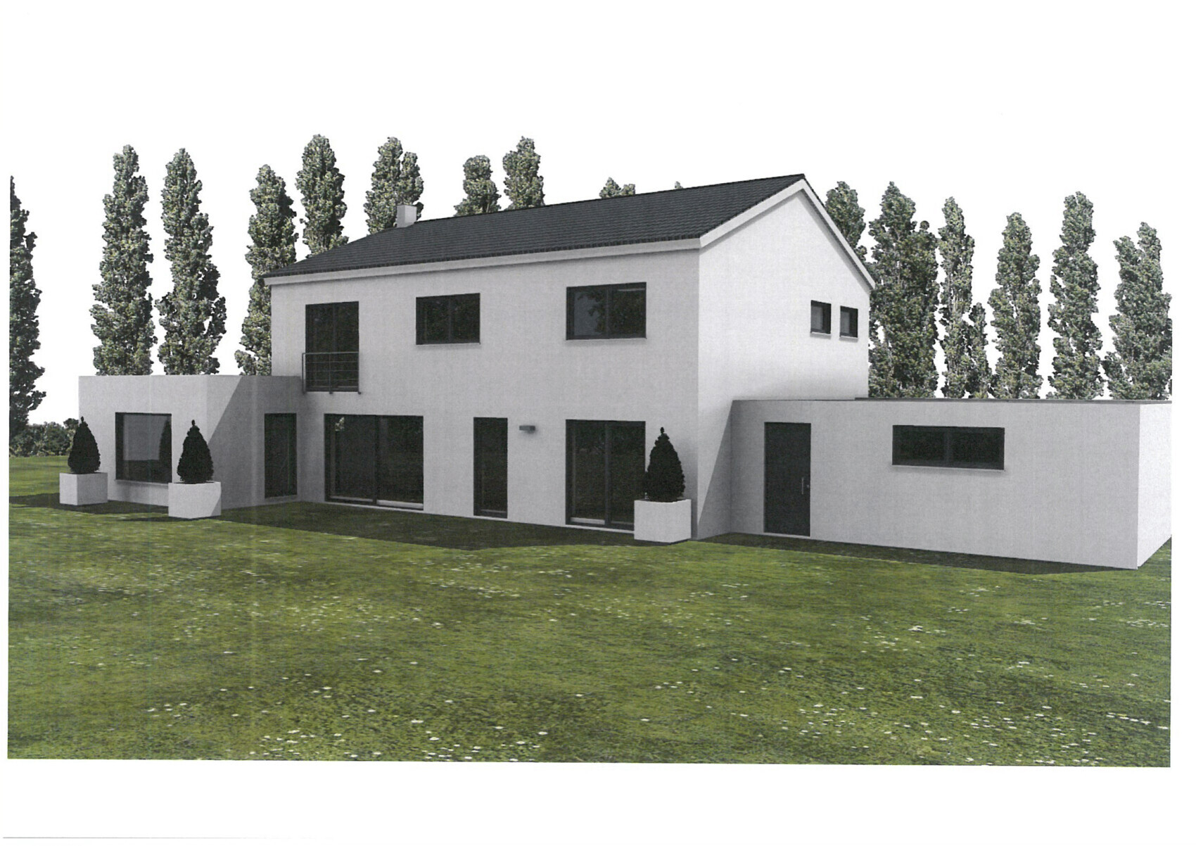Modernes zweigeschossiges weißes Wohnhaus mit großen Fenstern, Terrasse und grünem Garten.
