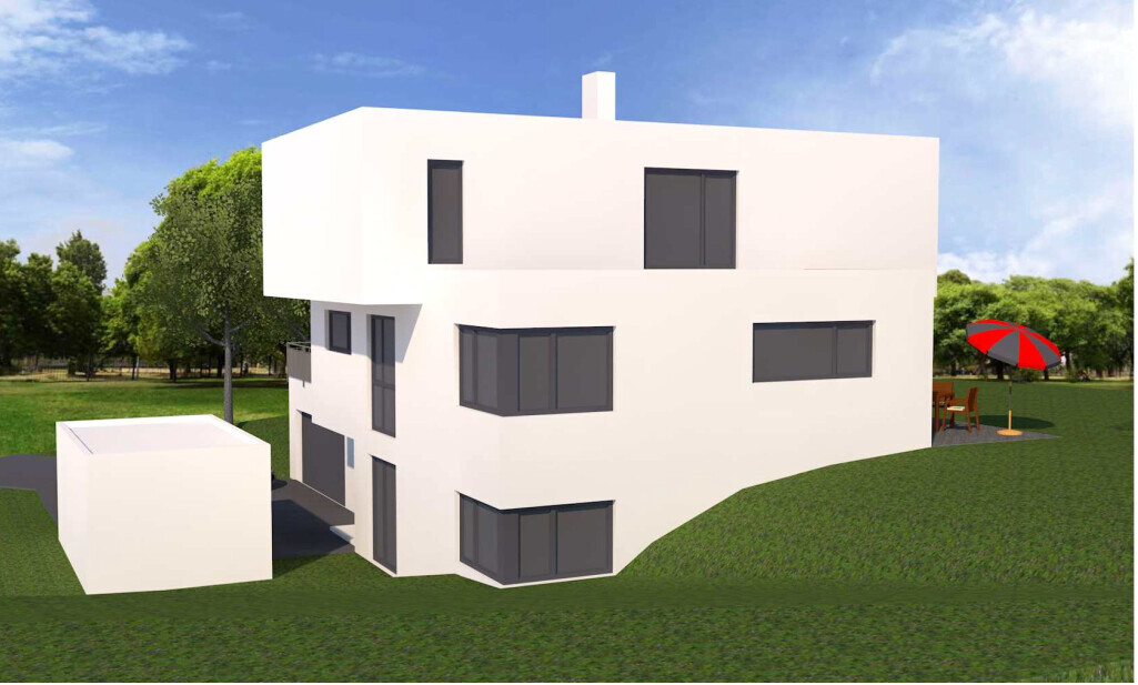 Modernes weißes Wohnhaus mit großen Fenstern auf grünem Gelände; Terrasse mit rotem Sonnenschirm.