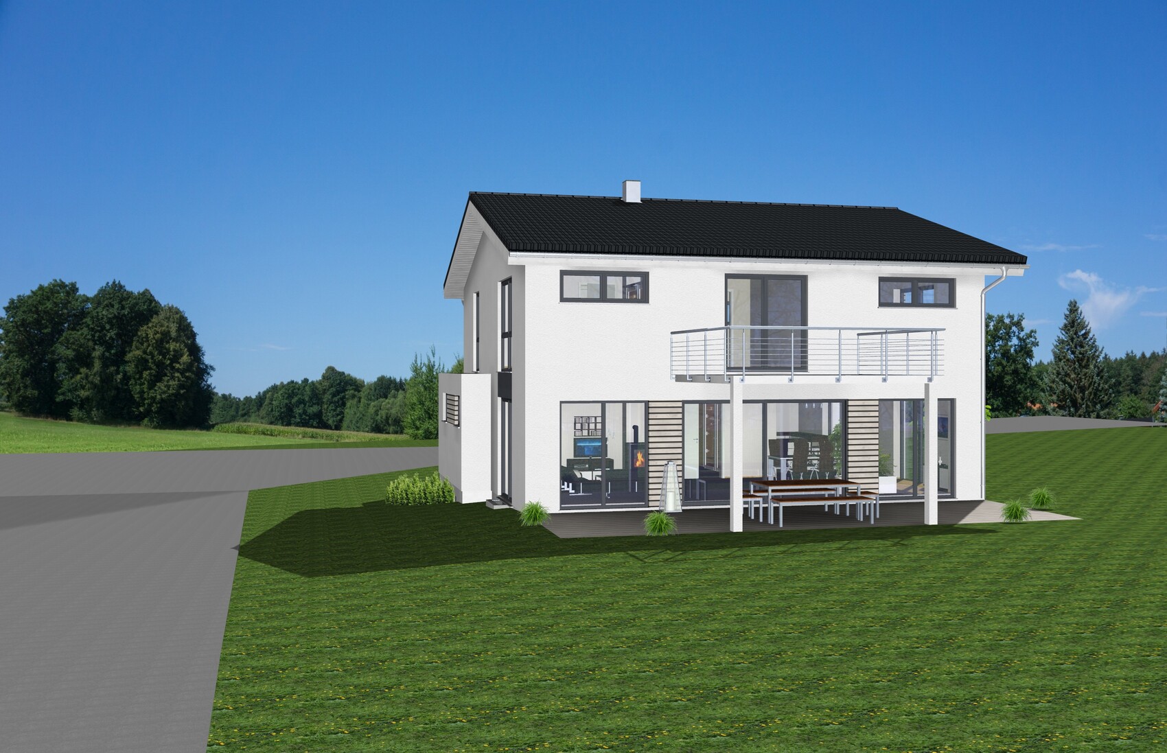 Modernes weißes zweistöckiges Haus mit großer Glasfront, Balkon und Terrasse im Garten.