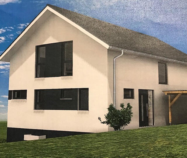 Modernes, weißes Einfamilienhaus mit schwarzen Fenstern, grünem Rasen und Baum