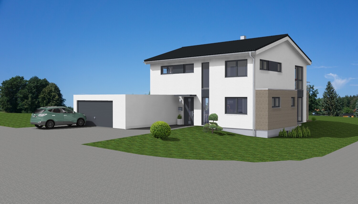 Moderne weiße zweigeschossige Villa mit Garage, Auto davor, grünem Rasen und blauem Himmel.