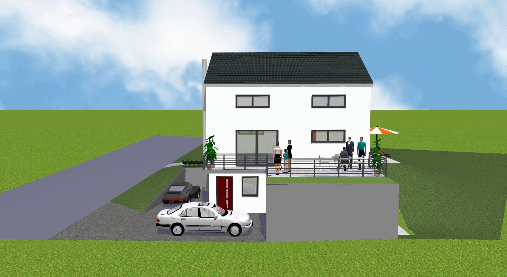 Moderne weiße zweistöckige Villa mit Terrasse, Personen auf dem Deck, Autos in Einfahrt.