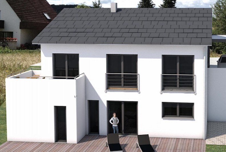 Moderne weiße Hausfassade mit Terrasse und Balkon, 3D-Ansicht