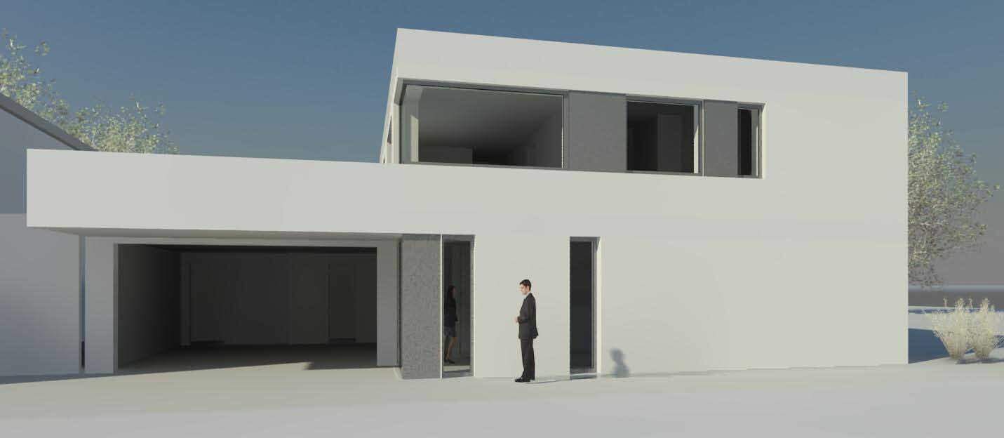 Moderne weiße Villa mit großem offenen Carport; Person in Anzug vor Eingang.