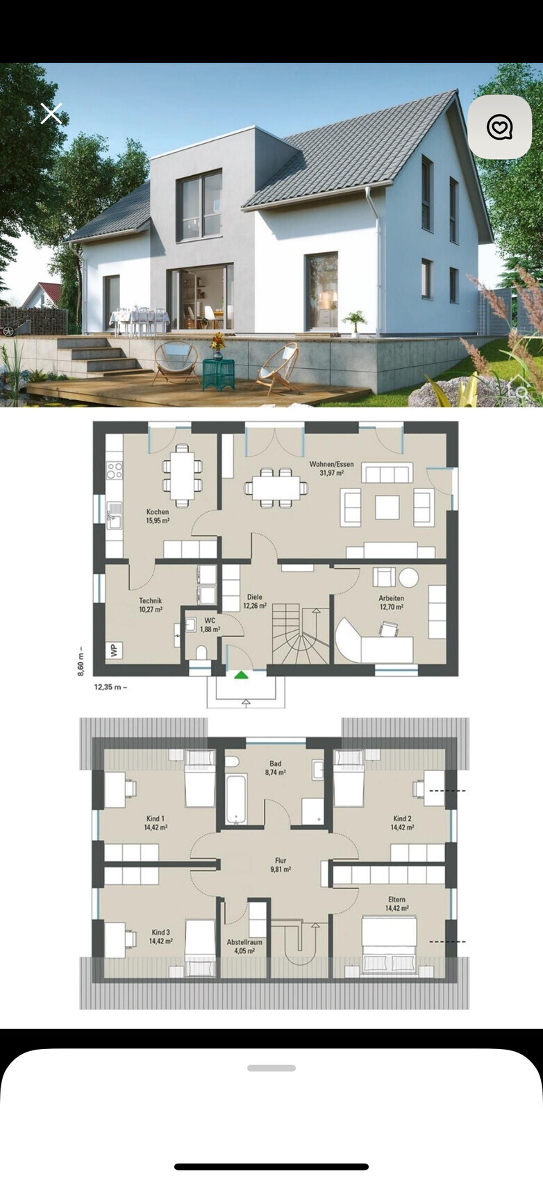 Moderne weiße Hausansicht mit Terrasse und darunter Grundrissplan des Hauses.