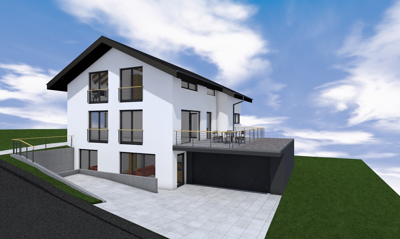 Modernes, weißes Einfamilienhaus mit dunklem Satteldach, Garage, Terrasse und Balkone