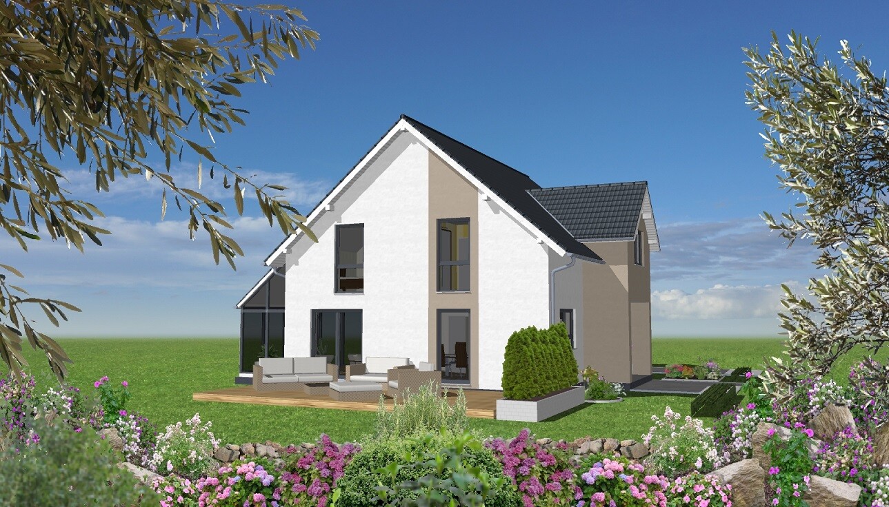 Modernes Einfamilienhaus mit weißer Fassade, Holzterrasse und blumigem Garten.