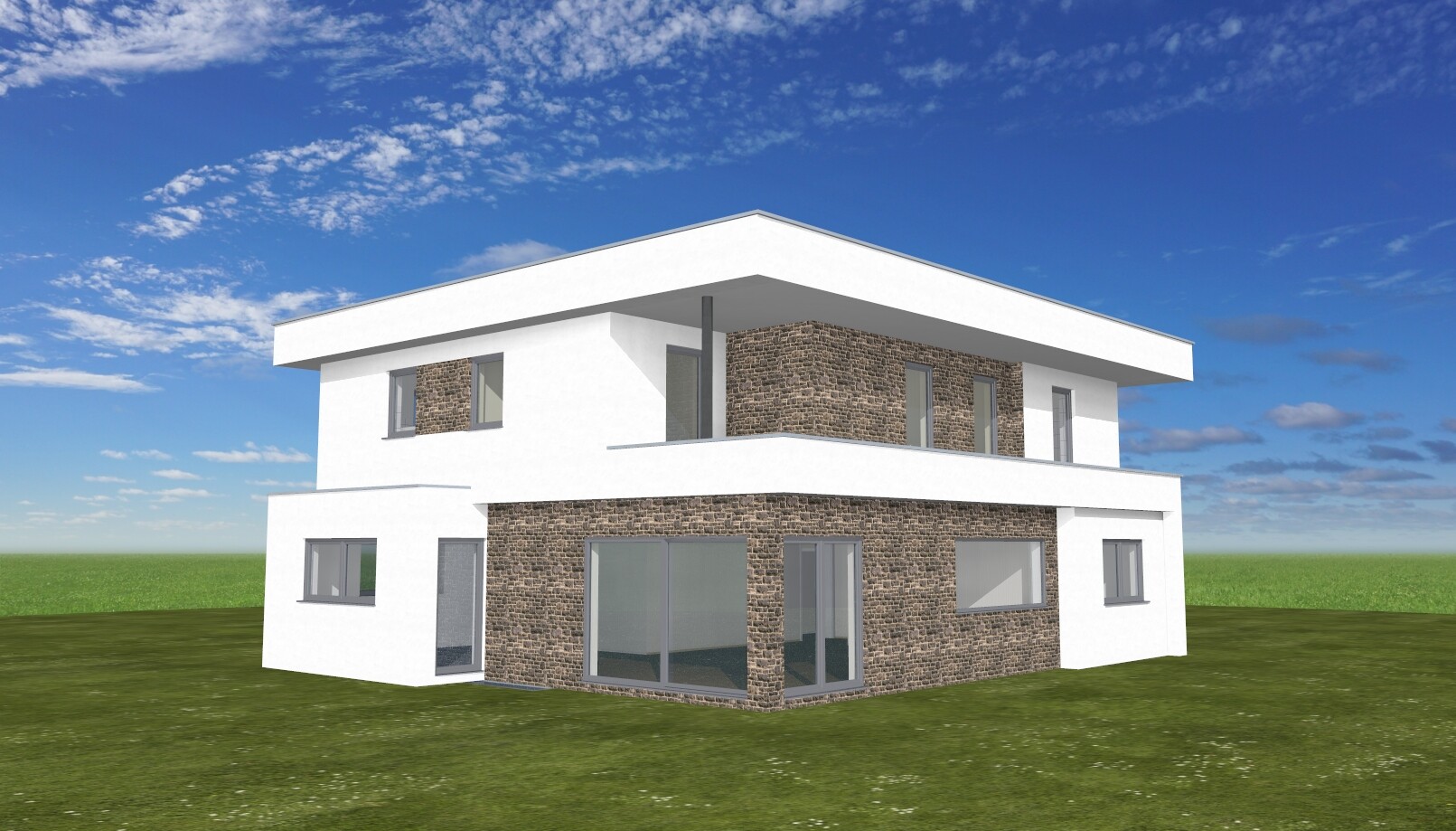 Moderne weiße, zweistöckige Villa mit Steinfassade und großen Fenstern auf grünem Rasen