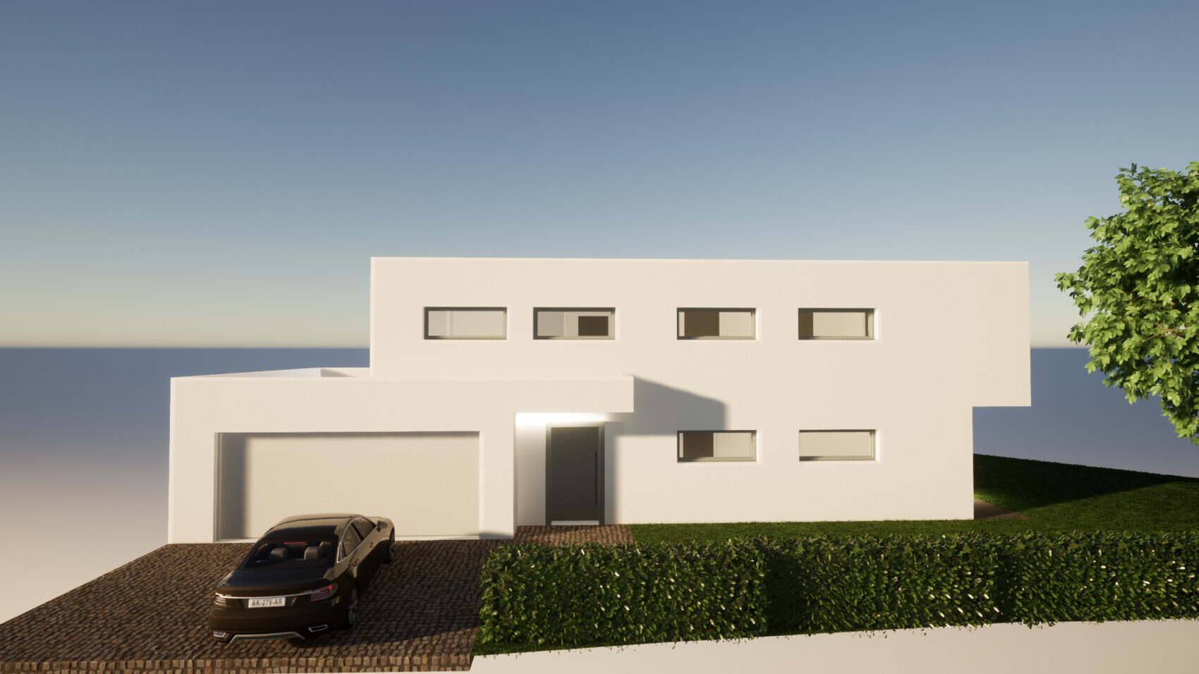 Moderne weiße Villa mit Garage, schwarzem Auto, Pflasterzufahrt, Hecke und Baum.