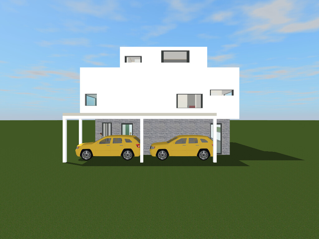 Moderne weiße mehrstöckige Hausfront mit Carport; unter dem Carport stehen zwei gelbe Autos.