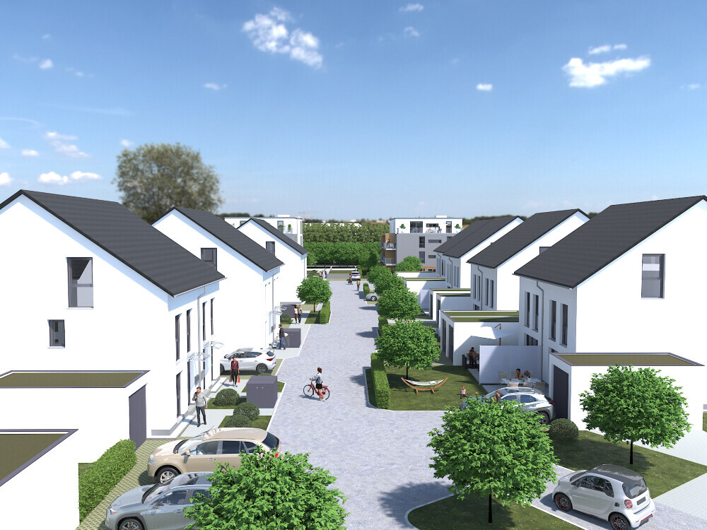 Moderne Wohnsiedlung mit weißen Häusern, grauen Dächern, Baumreihen, Autos und Fußgängern.