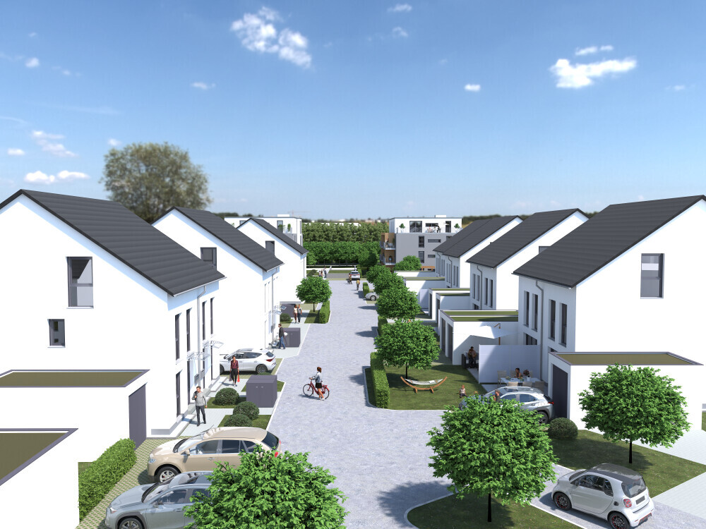 Moderne Wohnsiedlung mit weißen Häusern, grauen Dächern, Bäumen, Autos und Fußgängern.