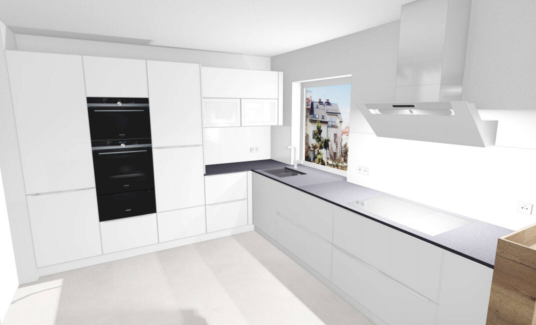 Moderne weiße Küche mit zwei schwarzen Einbauöfen, Spüle am Fenster und Dunstabzug über dem Kochfeld