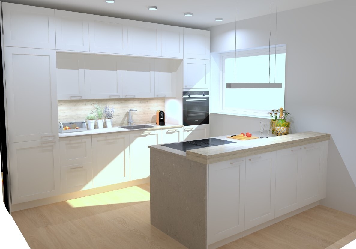Moderne weiße Küche mit Insel, Spüle, Backofen, Fenster und Hängelampe.