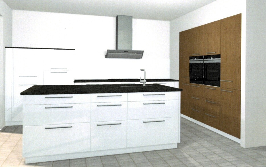 Moderne Küche mit weißer Insel, schwarzen Arbeitsplatten, Edelstahlarmatur und Backöfen in Holzwand.