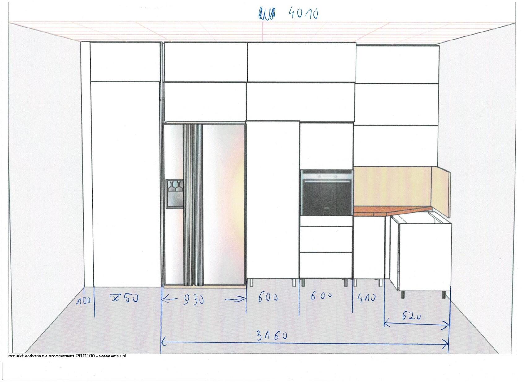 3D-Küchenplan: weiße Hochschränke, integrierter Kühlschrank, Ofen, Arbeitsplatte.