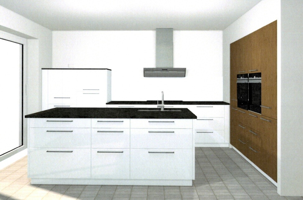 Moderne Küche mit zentraler Insel, weißen Schränken, schwarzer Arbeitsplatte und Backöfen an Holzwand.