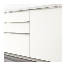 Moderne weiße Küchenunterschränke mit Schubladen in einer Küche.