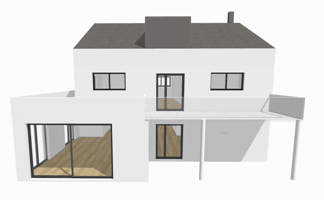Moderne weiße zweigeschossige Villa mit großen Glas-Schiebetüren, Innen-Holzboden und Terrasse.