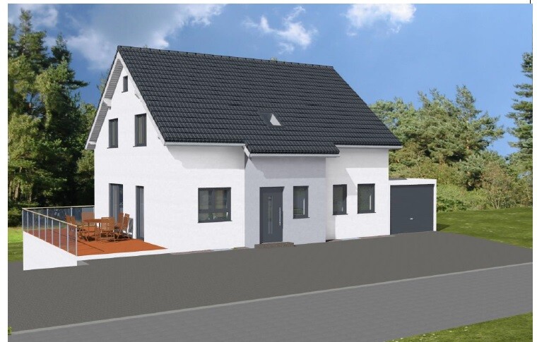 Weißes Einfamilienhaus mit dunklem Satteldach, Terrasse mit Möbeln, Garage und Garten