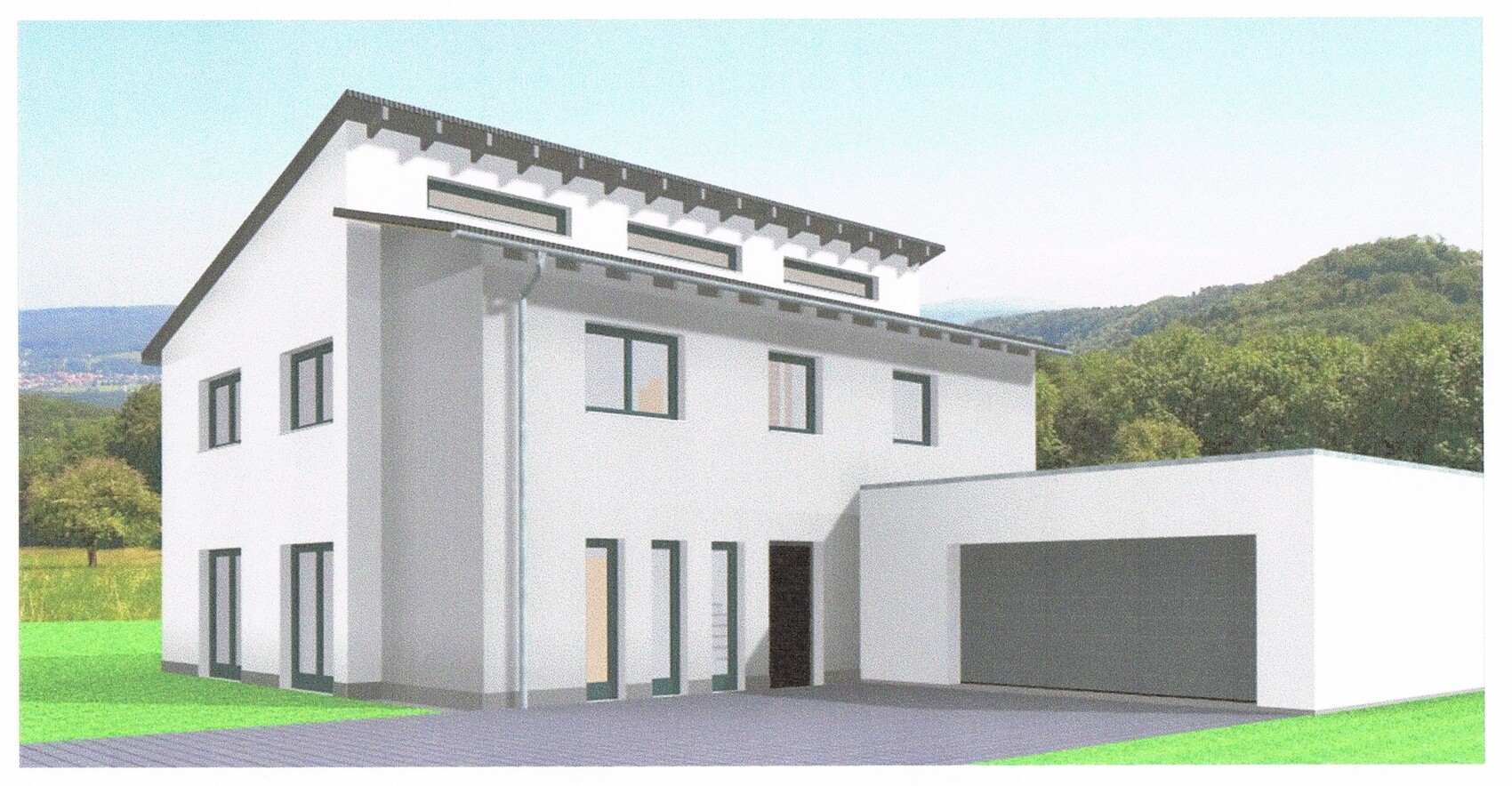 Modernes weißes Wohnhaus mit Flachdach und großer Garage vor Grünland und Hügeln.